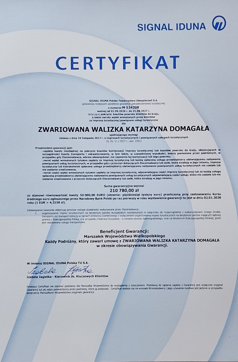 Certyfikat gwarancji ubezpieczeniowej turystycznej Signal Iduna dla Zwariowana Walizka Katarzyna Domagała