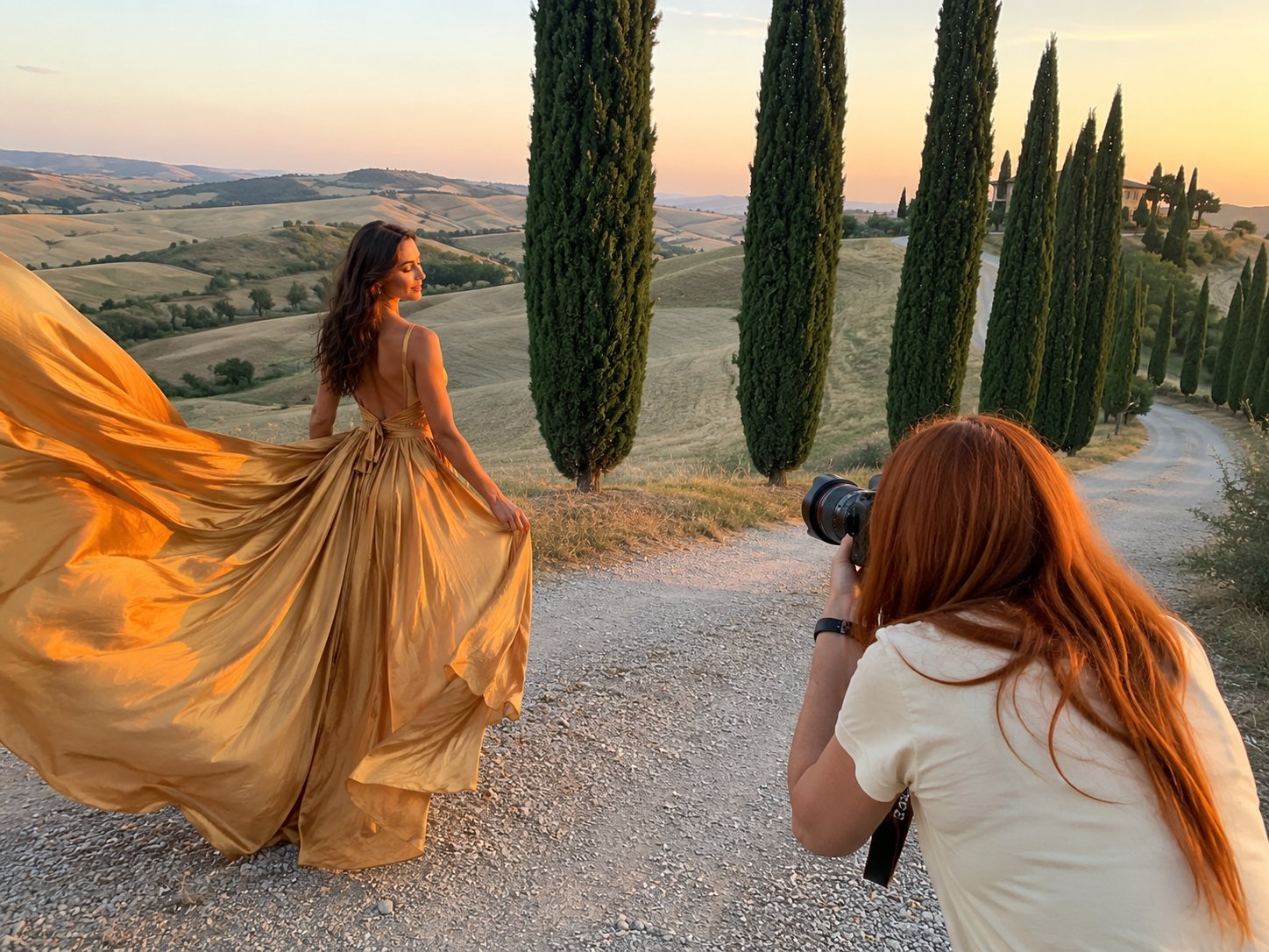 Fotograf podczas sesji zdjęciowej z uczestniczką w złotej sukni flying dress na tle toskańskich wzgórz