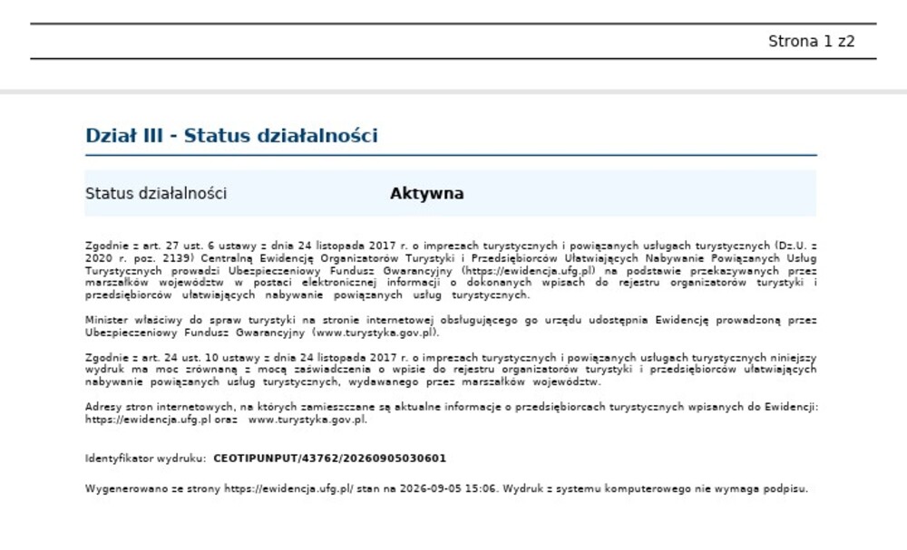 Wydruk z Centralnej Ewidencji Organizatorów Turystyki — status działalności: Aktywna